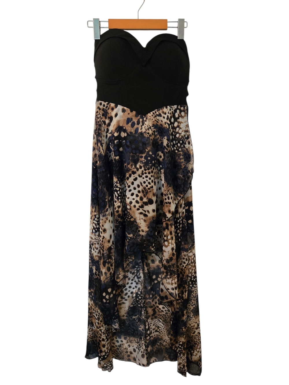 Seductions Strapless Black Bodice Maxi Dress with Animal Print Skirt Size M